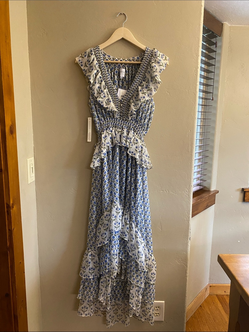 Misa Los Angeles Blue and White Floral Ruffle Maxi Dress